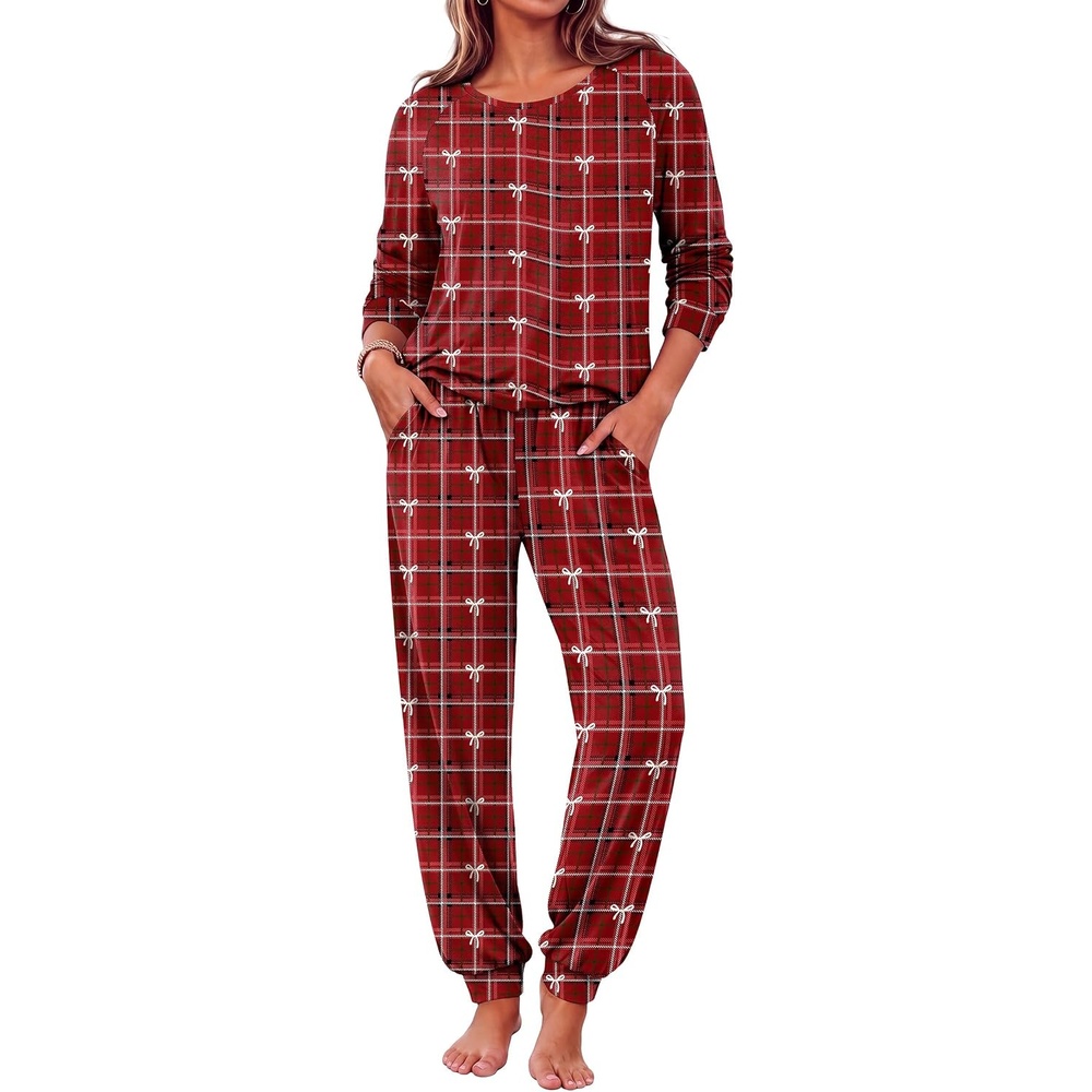 image:imageEkouaer Pajamas for Women Set Long Sleeve Pjs Soft 2 Piece Cozy LoungewearRed Plaid Bow
