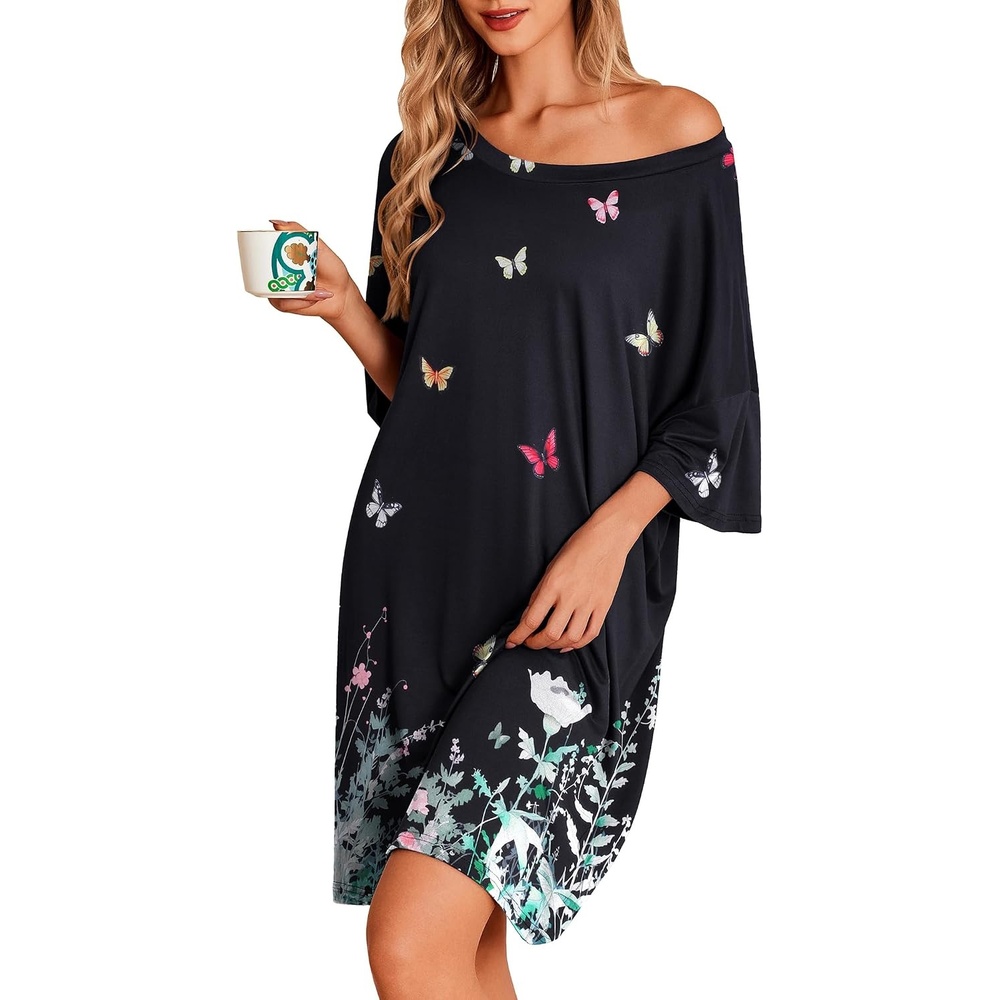 image:imageEkouaer Plus Size Nightgown for Women Oversized Sleep Shirt Sleepwear S5XLBlack Butterfly