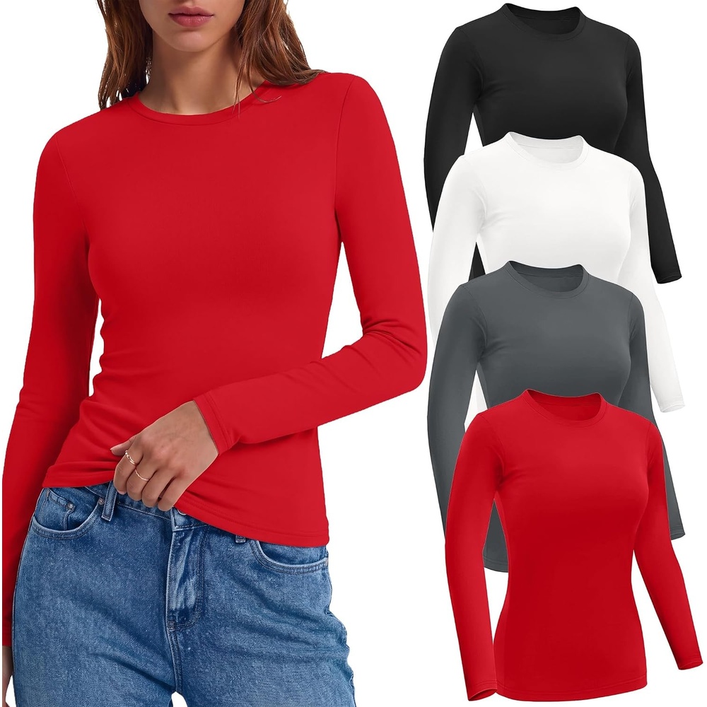 image:imageEkouaer Women Long Sleeve Thermal Shirts Micro Fleece Tops Warm UndershirtsBlackWhiteDark GrayRed