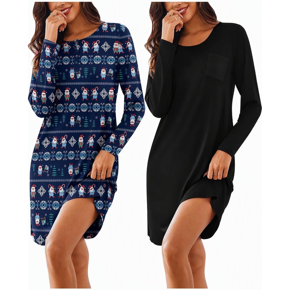 image:imageEkouaer Womens 2 Pack Nightgowns Long Sleeve Sleep Dress Sleepshirt SXXXLBlack christmas Print