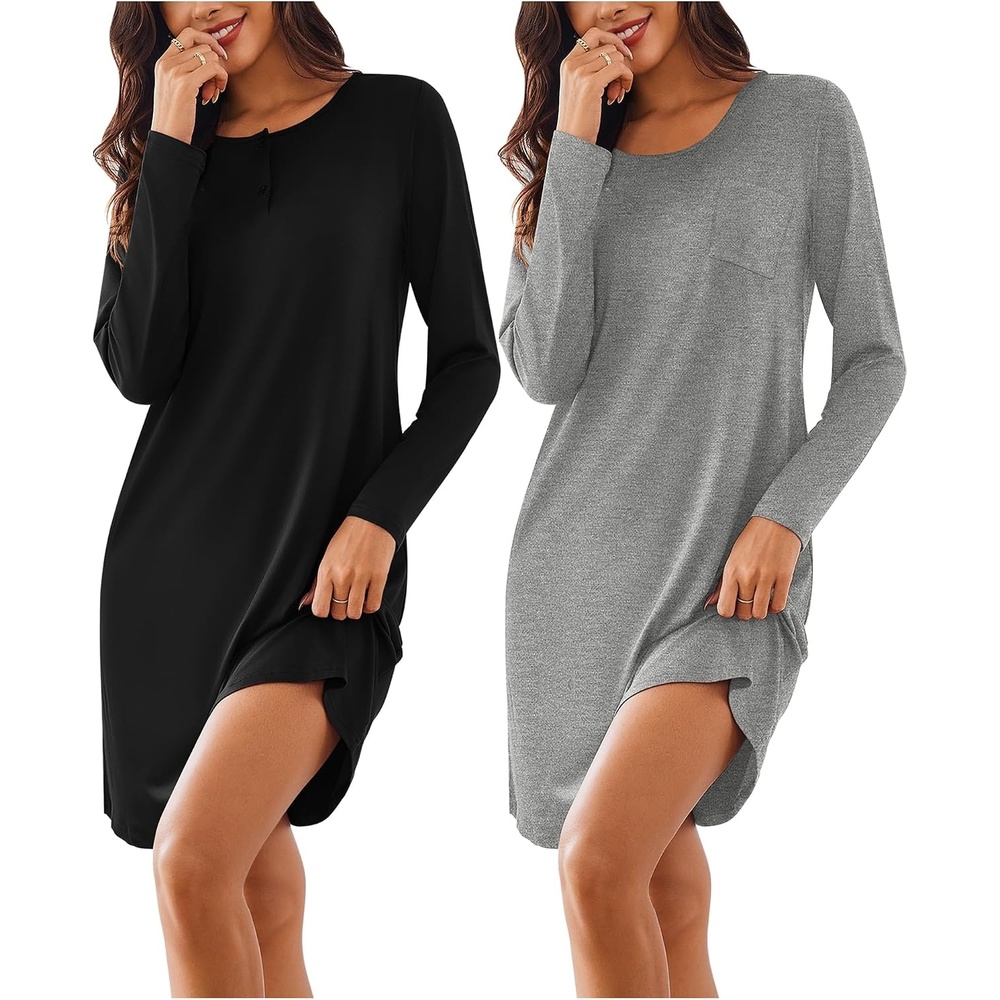 image:imageEkouaer Womens 2 Pack Nightgowns Long Sleeve Sleep Dress Sleepshirt SXXXLBlack grey