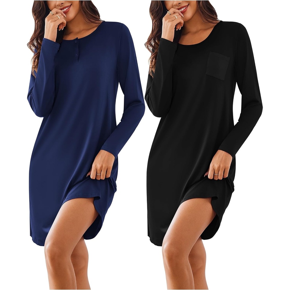 image:imageEkouaer Womens 2 Pack Nightgowns Long Sleeve Sleep Dress Sleepshirt SXXXLBlack navy Blue