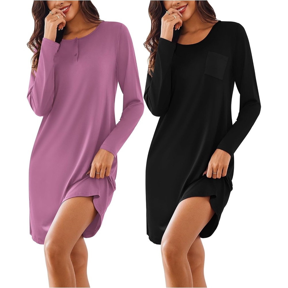 image:imageEkouaer Womens 2 Pack Nightgowns Long Sleeve Sleep Dress Sleepshirt SXXXLBlack purple