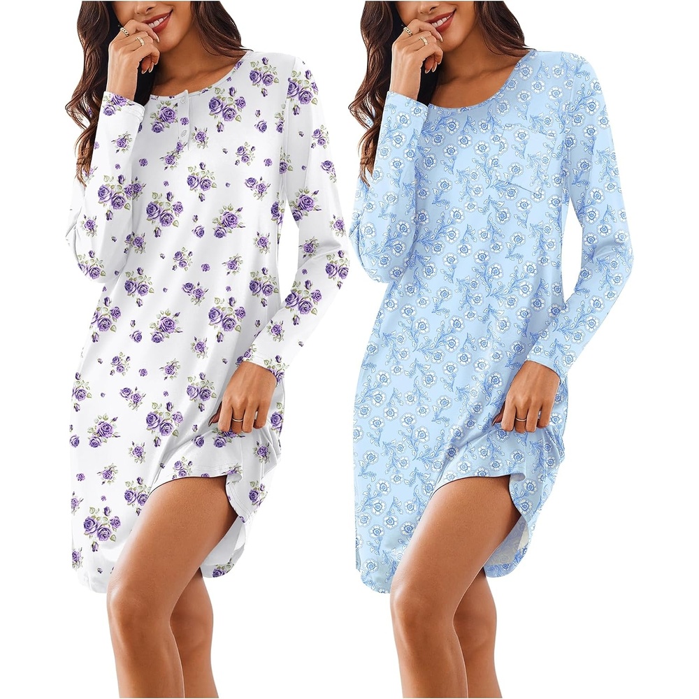 image:imageEkouaer Womens 2 Pack Nightgowns Long Sleeve Sleep Dress Sleepshirt SXXXLBlue White Floral white Purple Floral