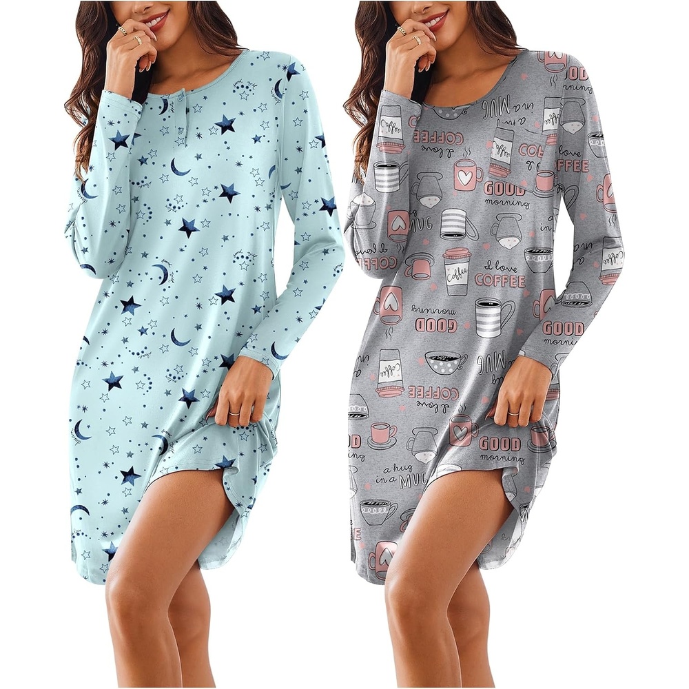 image:imageEkouaer Womens 2 Pack Nightgowns Long Sleeve Sleep Dress Sleepshirt SXXXLCoffee star Print