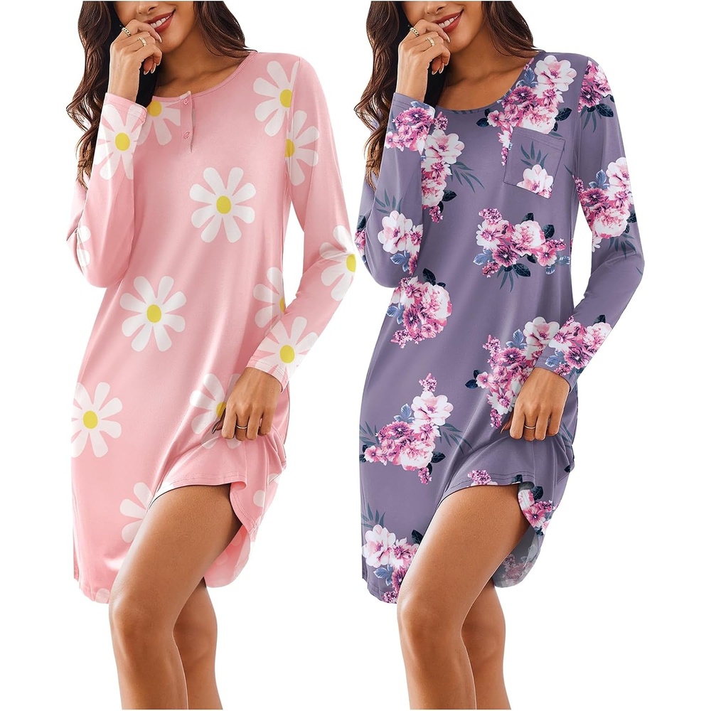 image:imageEkouaer Womens 2 Pack Nightgowns Long Sleeve Sleep Dress Sleepshirt SXXXLGrey Floral pink Floral