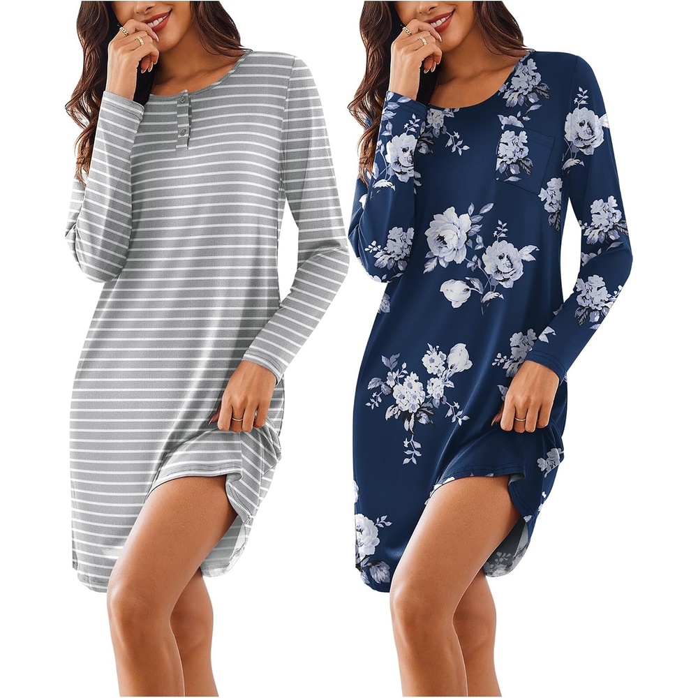 image:imageEkouaer Womens 2 Pack Nightgowns Long Sleeve Sleep Dress Sleepshirt SXXXLGrey Stripe flower