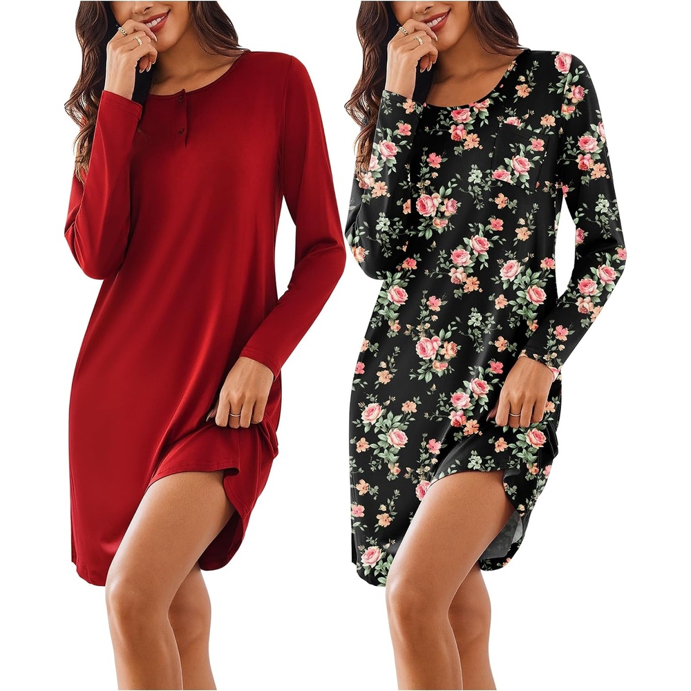 image:imageEkouaer Womens 2 Pack Nightgowns Long Sleeve Sleep Dress Sleepshirt SXXXLNavy Blue wine Red