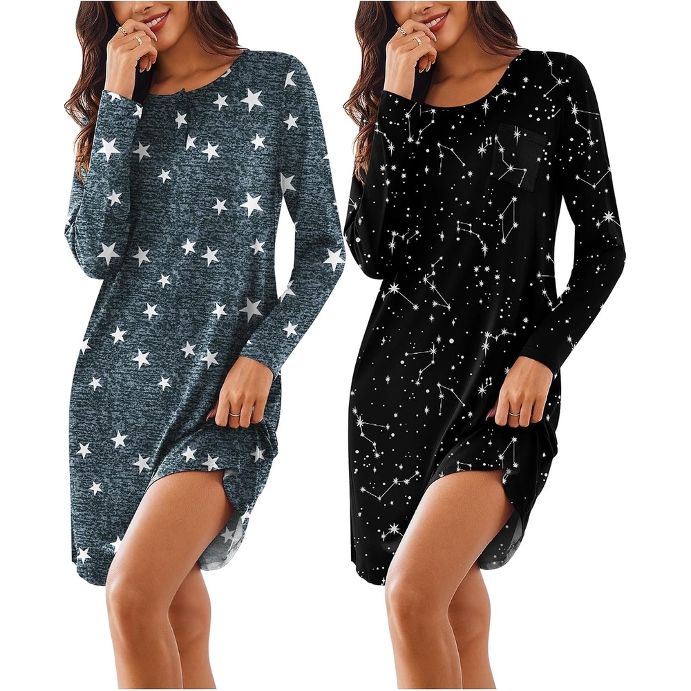 image:imageEkouaer Womens 2 Pack Nightgowns Long Sleeve Sleep Dress Sleepshirt SXXXLStar constellation