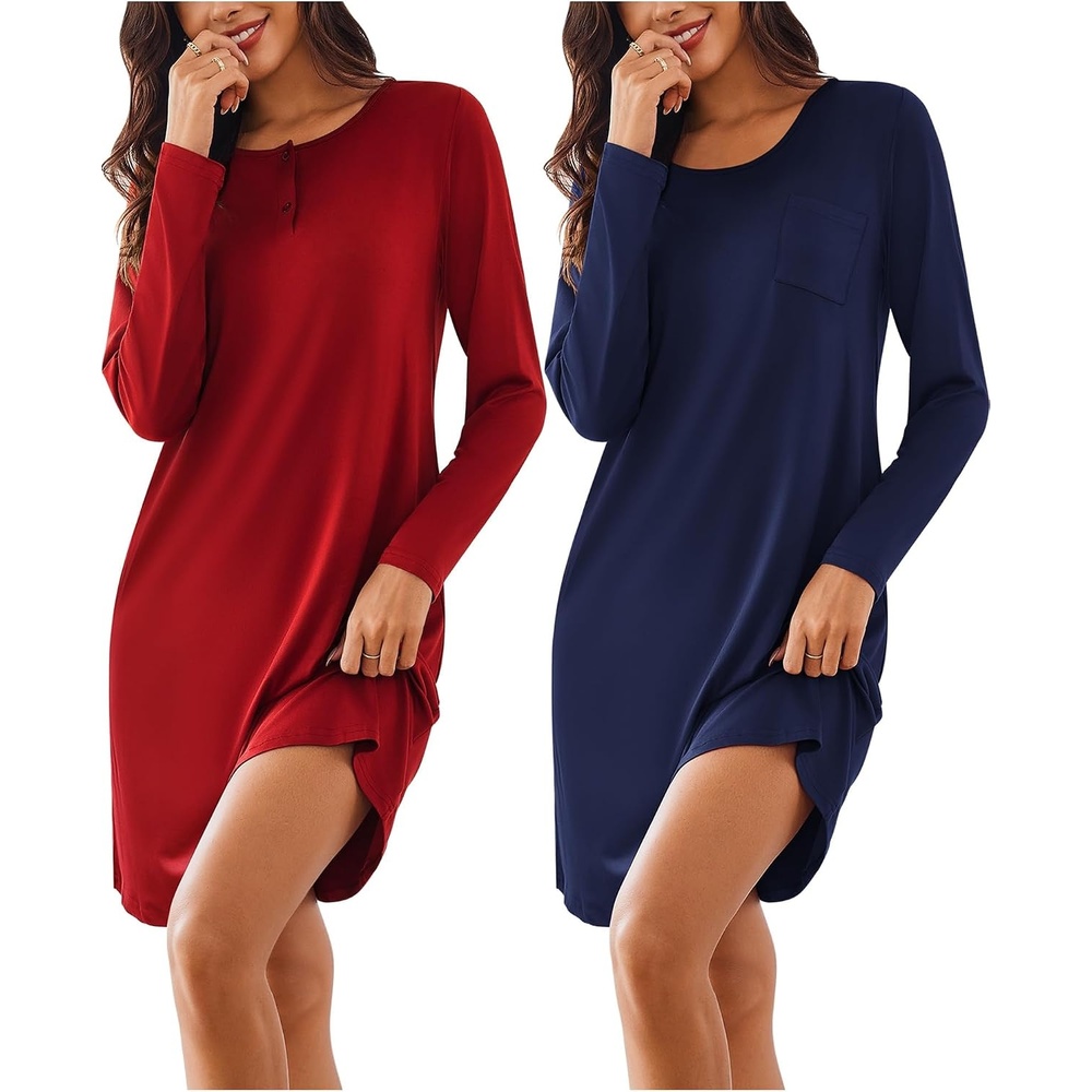 image:imageEkouaer Womens 2 Pack Nightgowns Long Sleeve Sleep Dress Sleepshirt SXXXLWine Red navy Blue