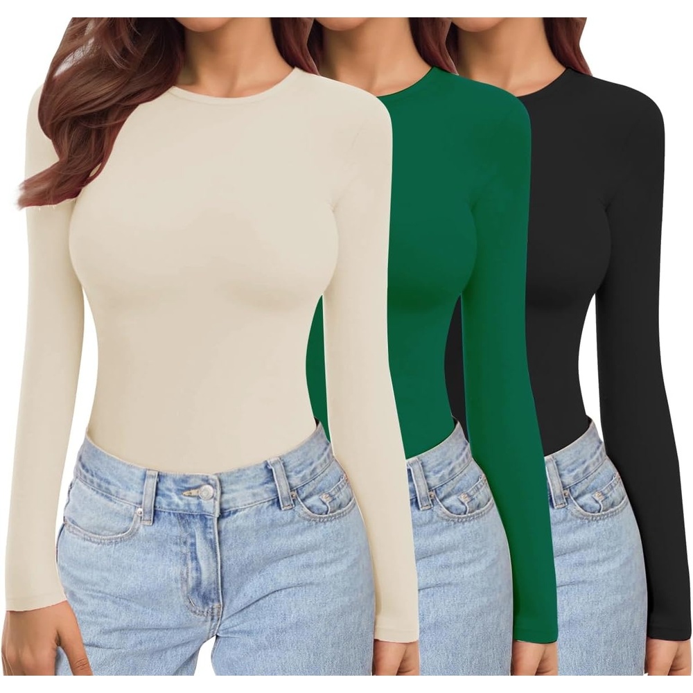 image:imageEkouaer Womens 3 Pack Long Sleeve Shirts Stretch Fitted Thermal UnderscrubsBlackGreenBeige