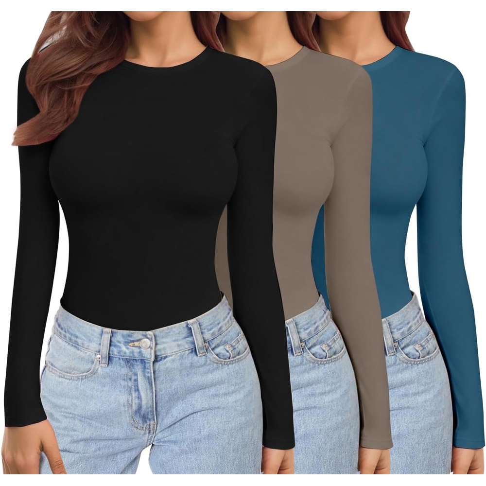 image:imageEkouaer Womens 3 Pack Long Sleeve Shirts Stretch Fitted Thermal UnderscrubsBlackGrey BrownDark Blue