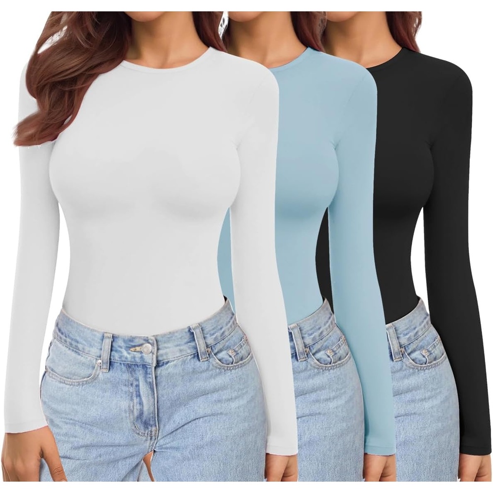 image:imageEkouaer Womens 3 Pack Long Sleeve Shirts Stretch Fitted Thermal UnderscrubsBlackWhiteLight Blue