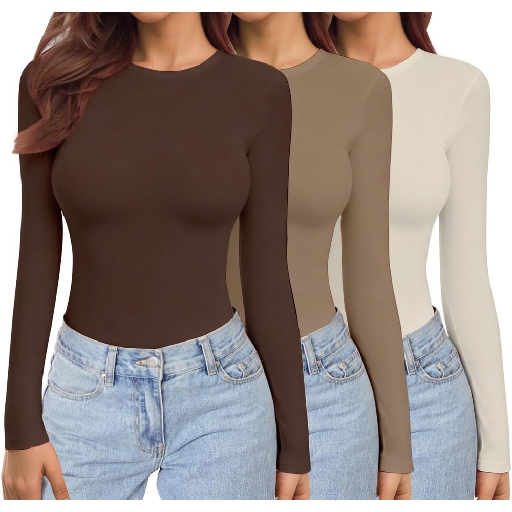 image:imageEkouaer Womens 3 Pack Long Sleeve Shirts Stretch Fitted Thermal UnderscrubsCoffeeBrownBeige