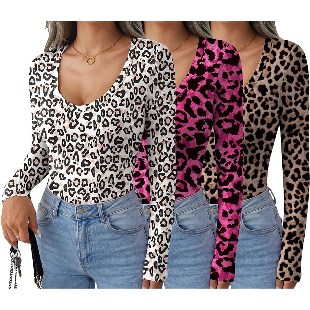 image:imageEkouaer Womens Deep V Neck Long Sleeve Shirts Basic Thermal TopsLeopardhot PinkBlack White KhakiBrown