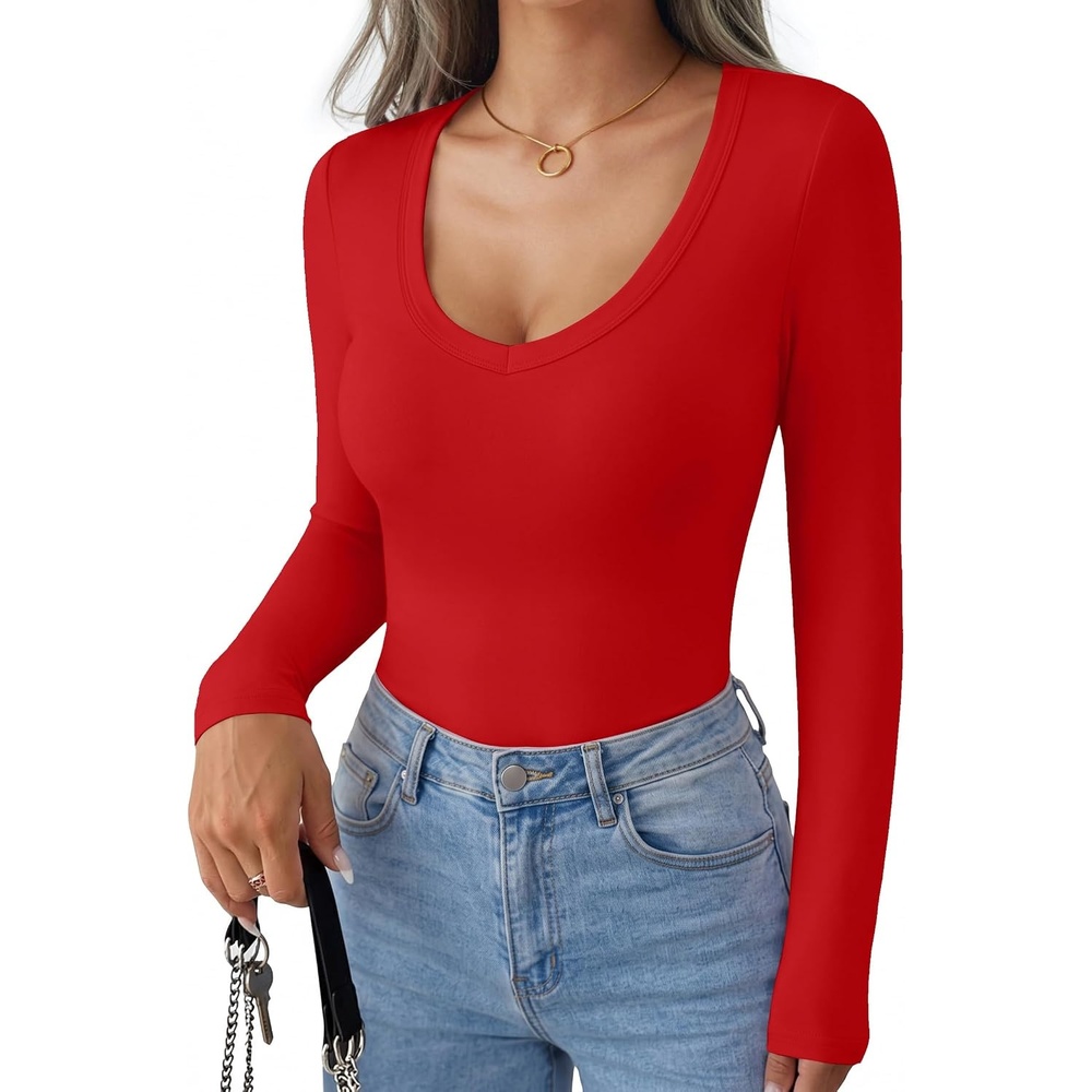image:imageEkouaer Womens Deep V Neck Long Sleeve Shirts Basic Thermal TopsRed