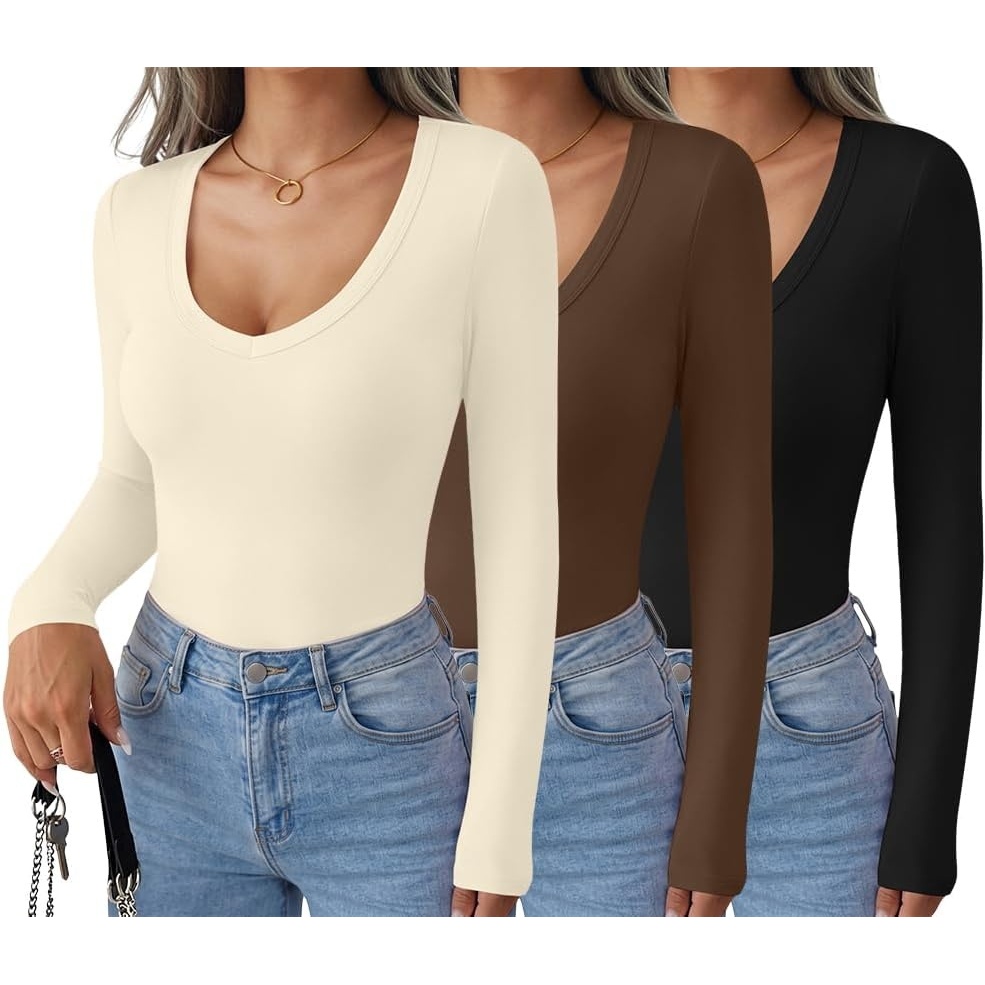 image:imageEkouaer Womens Deep V Neck Long Sleeve Shirts Basic Thermal TopsZblackCoffeeBeige