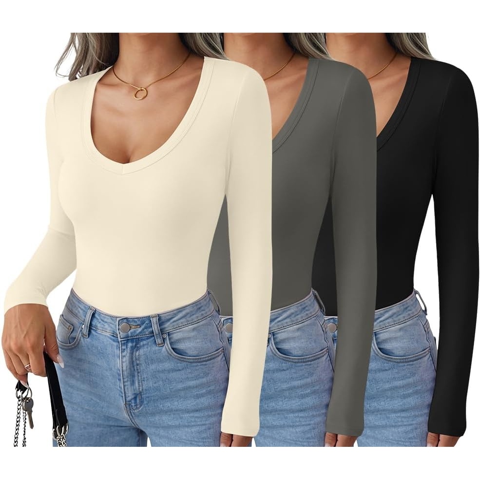 image:imageEkouaer Womens Deep V Neck Long Sleeve Shirts Basic Thermal TopsZblackDarkgreyBeige