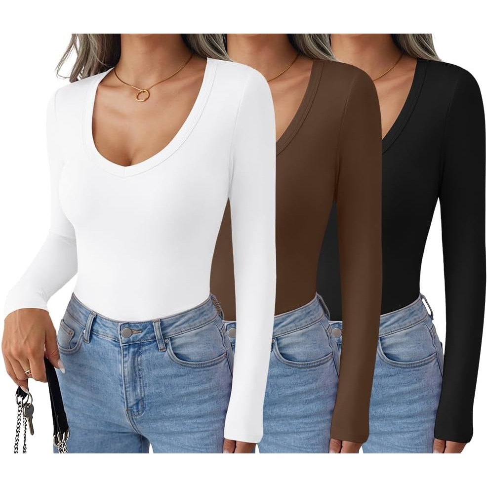 image:imageEkouaer Womens Deep V Neck Long Sleeve Shirts Basic Thermal TopsZblackWhiteCoffee