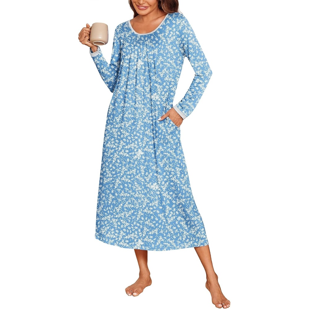 image:imageEkouaer Womens Long Sleeve Nightgowns Full Length Sleep Dress SleepshirtsBlue With White Flowers
