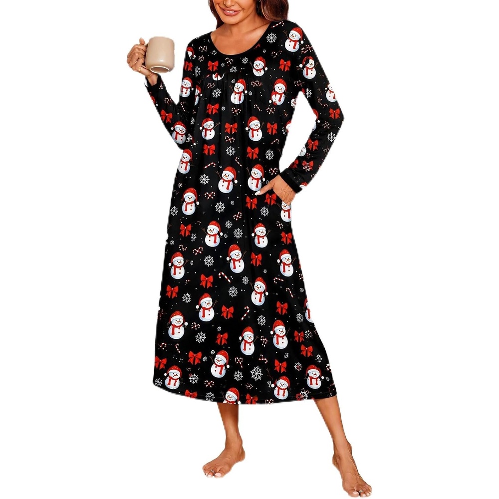 image:imageEkouaer Womens Long Sleeve Nightgowns Full Length Sleep Dress SleepshirtsChristmas Snowman