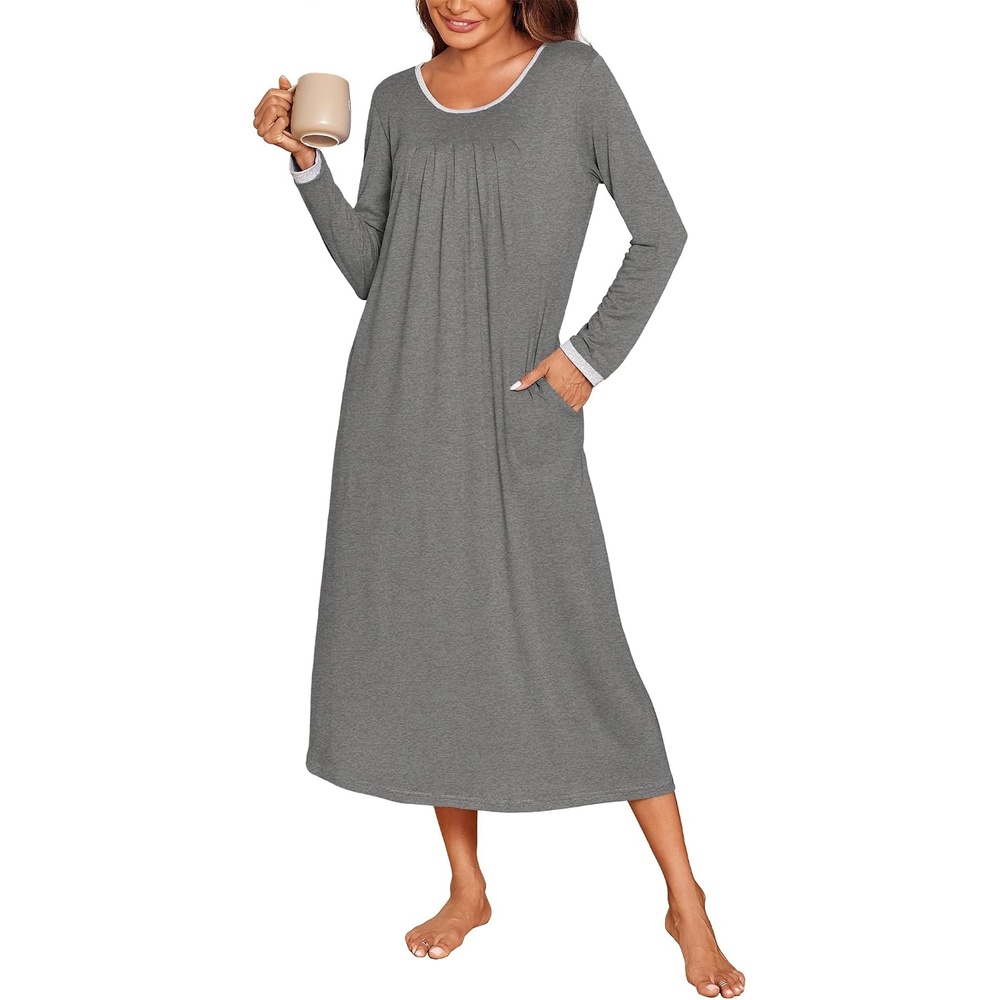 image:imageEkouaer Womens Long Sleeve Nightgowns Full Length Sleep Dress SleepshirtsGrey