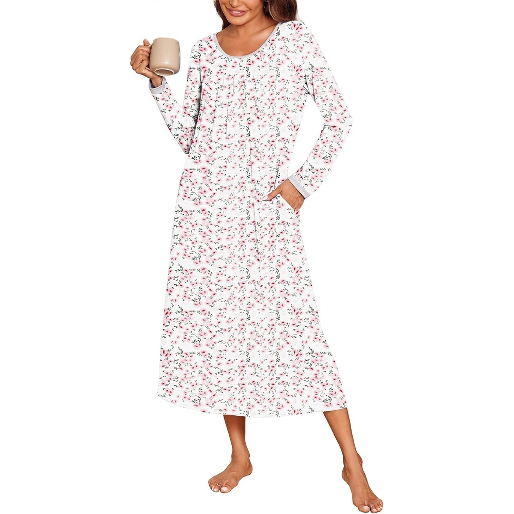 image:imageEkouaer Womens Long Sleeve Nightgowns Full Length Sleep Dress SleepshirtsPink Flowers