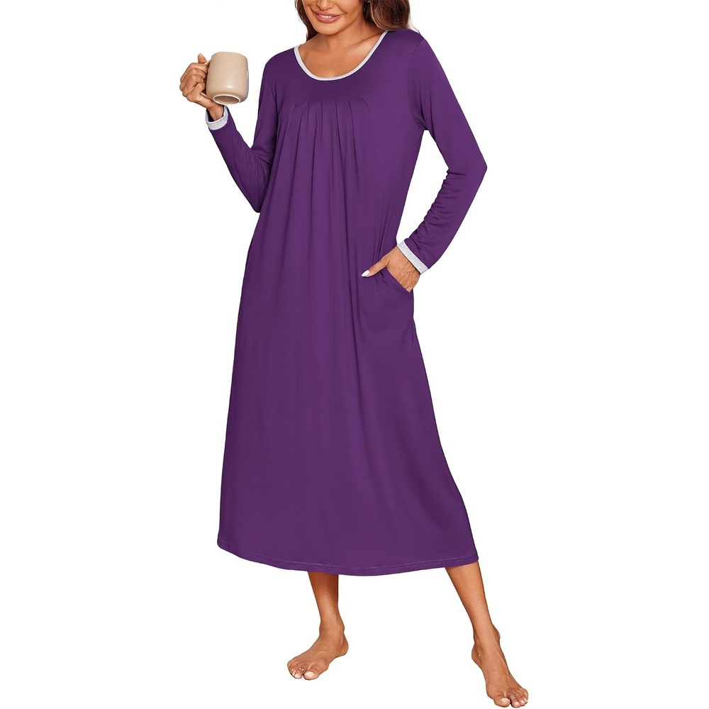image:imageEkouaer Womens Long Sleeve Nightgowns Full Length Sleep Dress SleepshirtsPurple