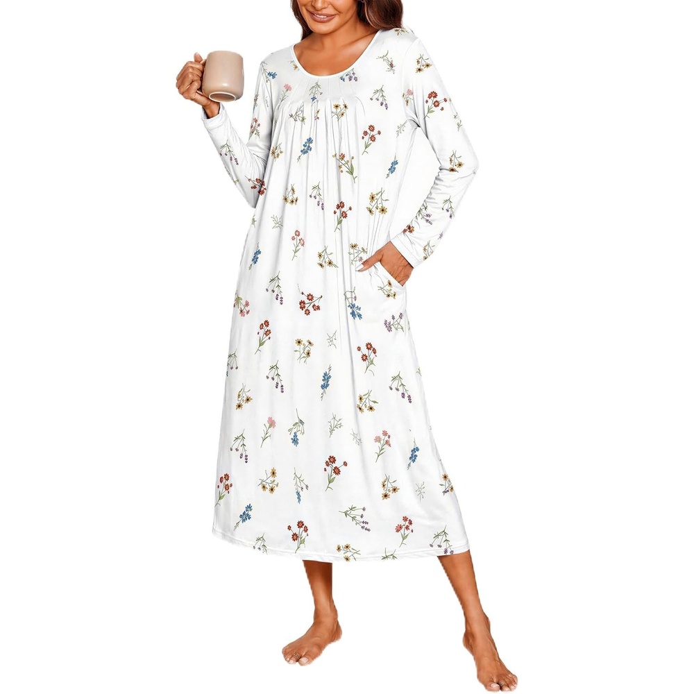 image:imageEkouaer Womens Long Sleeve Nightgowns Full Length Sleep Dress SleepshirtsWhite With Floral