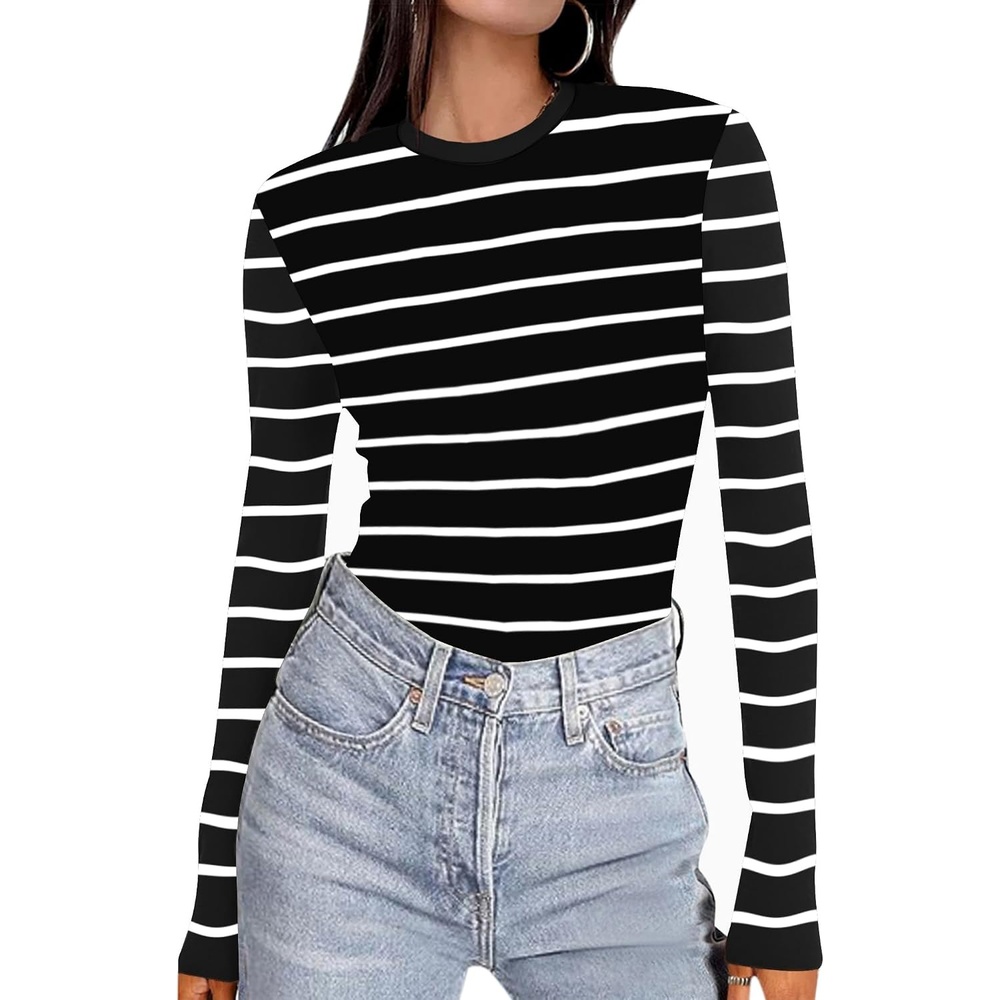image:imageEkouaer Womens Long Sleeve Shirts Tight Fitted Tops Thermal UnderscrubsBlack Stripe