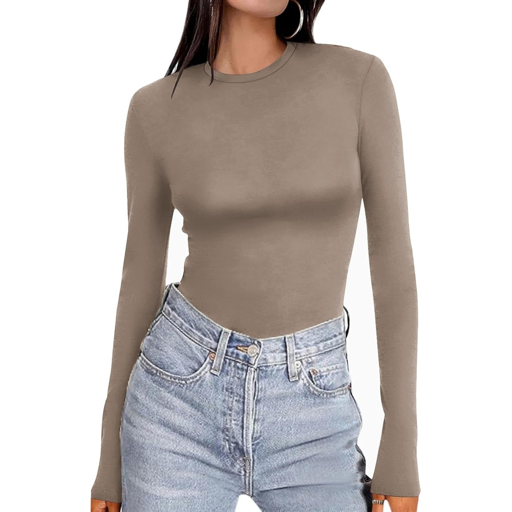 image:imageEkouaer Womens Long Sleeve Shirts Tight Fitted Tops Thermal UnderscrubsBrown Grey