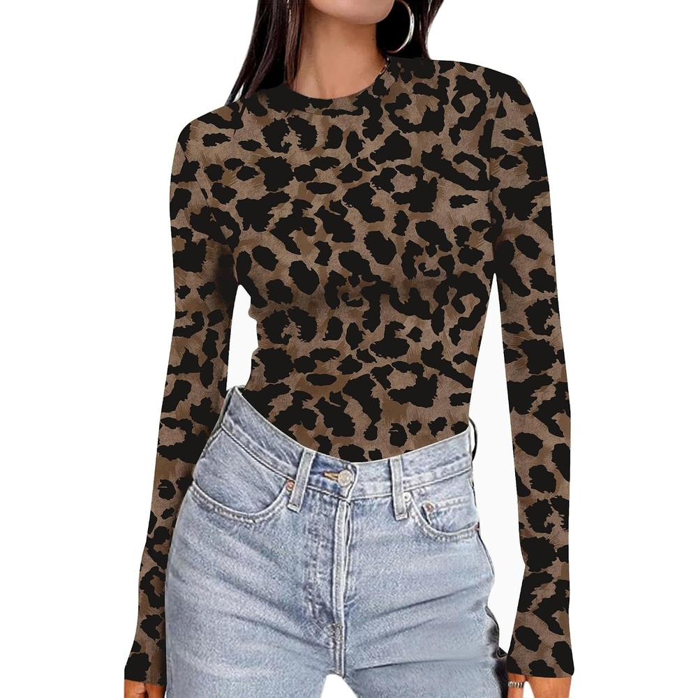 image:imageEkouaer Womens Long Sleeve Shirts Tight Fitted Tops Thermal UnderscrubsBrown Leopard