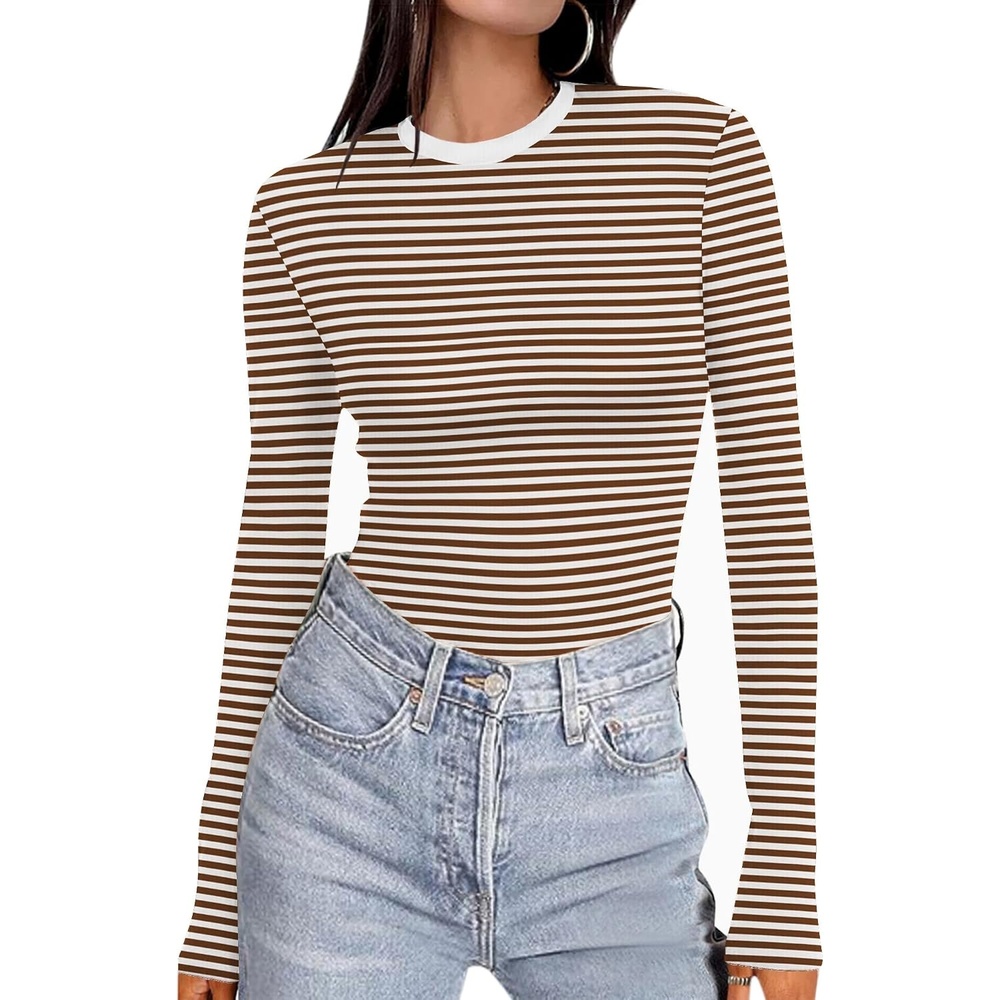 image:imageEkouaer Womens Long Sleeve Shirts Tight Fitted Tops Thermal UnderscrubsBrown White Stripe