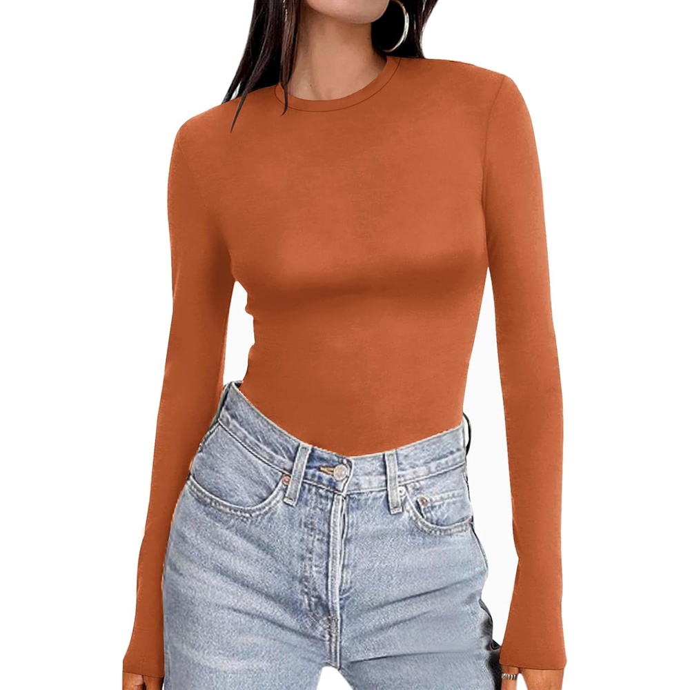 image:imageEkouaer Womens Long Sleeve Shirts Tight Fitted Tops Thermal UnderscrubsCaramel