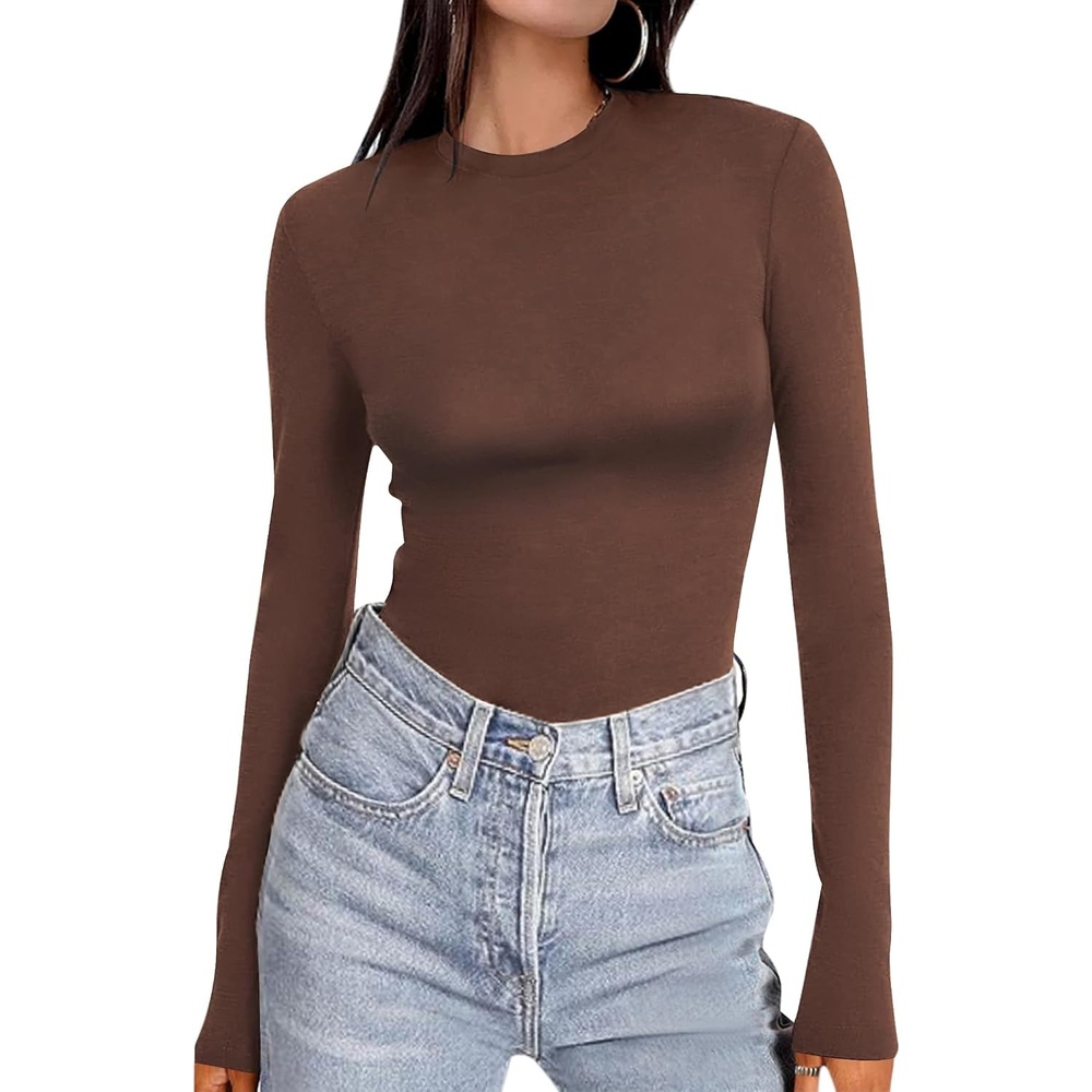 image:imageEkouaer Womens Long Sleeve Shirts Tight Fitted Tops Thermal UnderscrubsCoffee