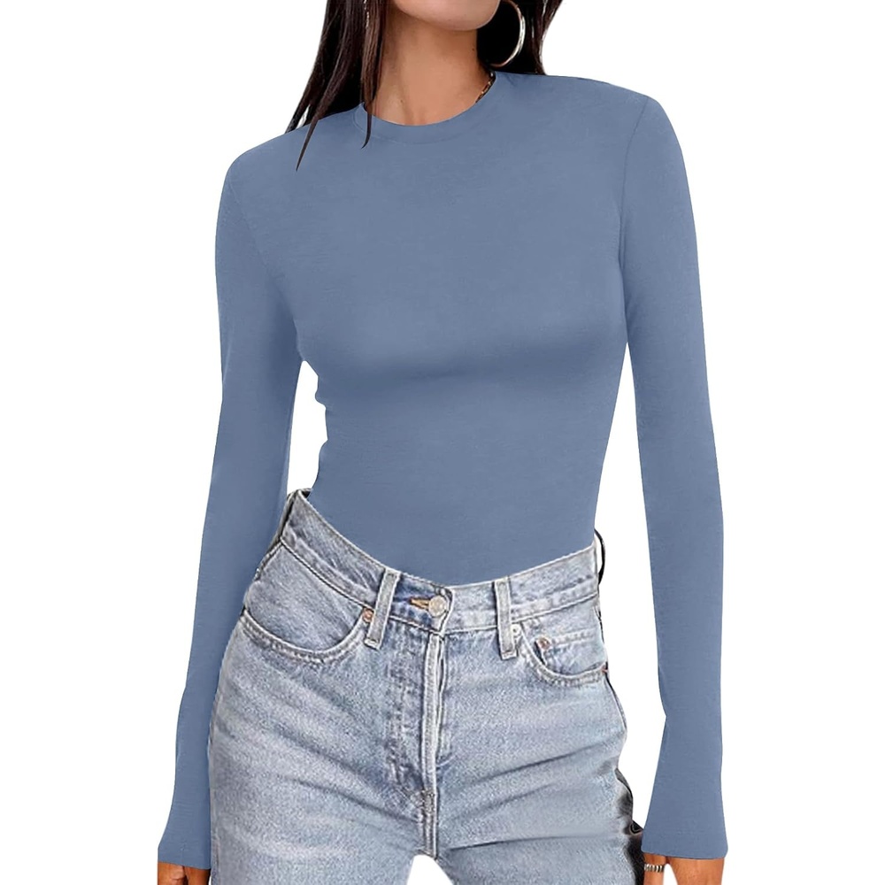 image:imageEkouaer Womens Long Sleeve Shirts Tight Fitted Tops Thermal UnderscrubsDusty Pale Blue