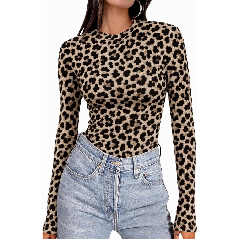 image:imageEkouaer Womens Long Sleeve Shirts Tight Fitted Tops Thermal UnderscrubsLight Brown Leopard