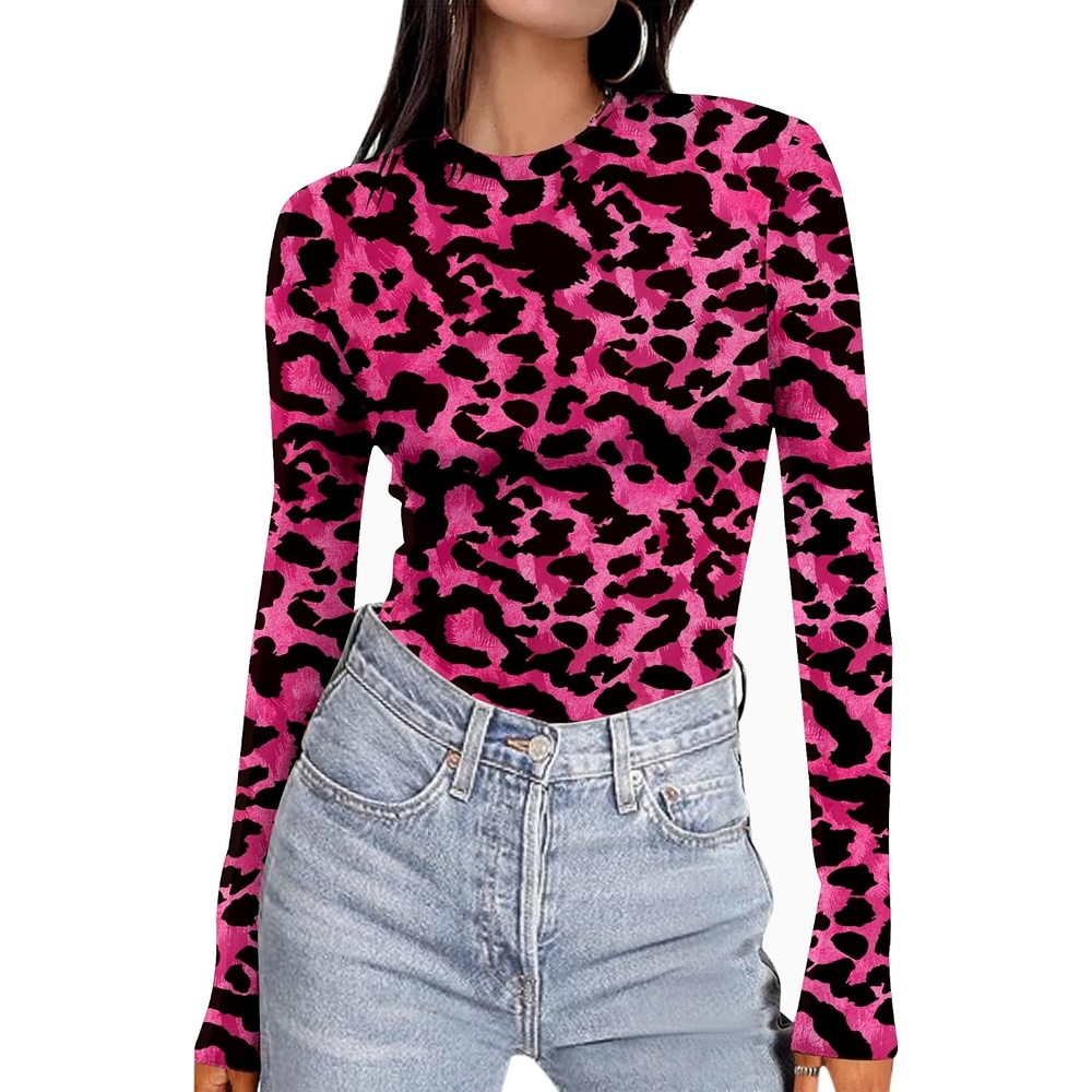 image:imageEkouaer Womens Long Sleeve Shirts Tight Fitted Tops Thermal UnderscrubsPink Leopard