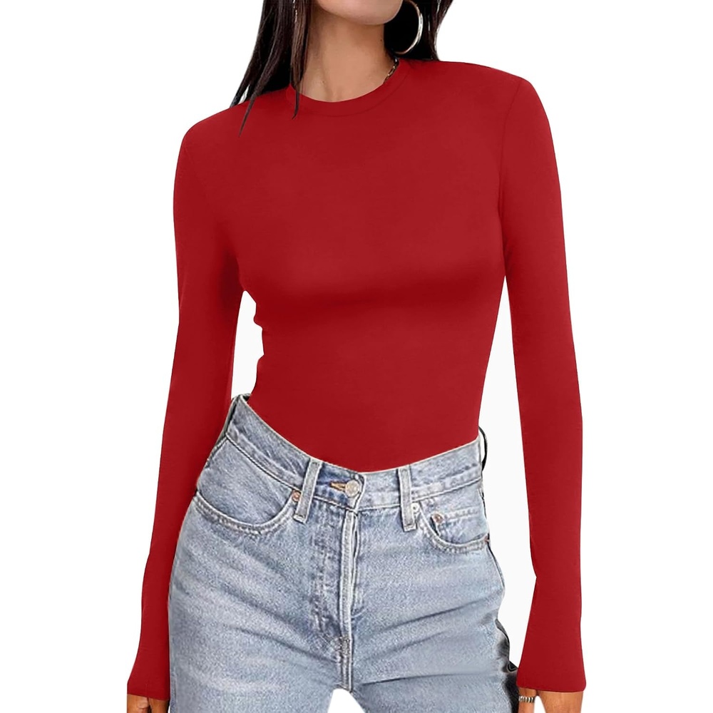 image:imageEkouaer Womens Long Sleeve Shirts Tight Fitted Tops Thermal UnderscrubsRed
