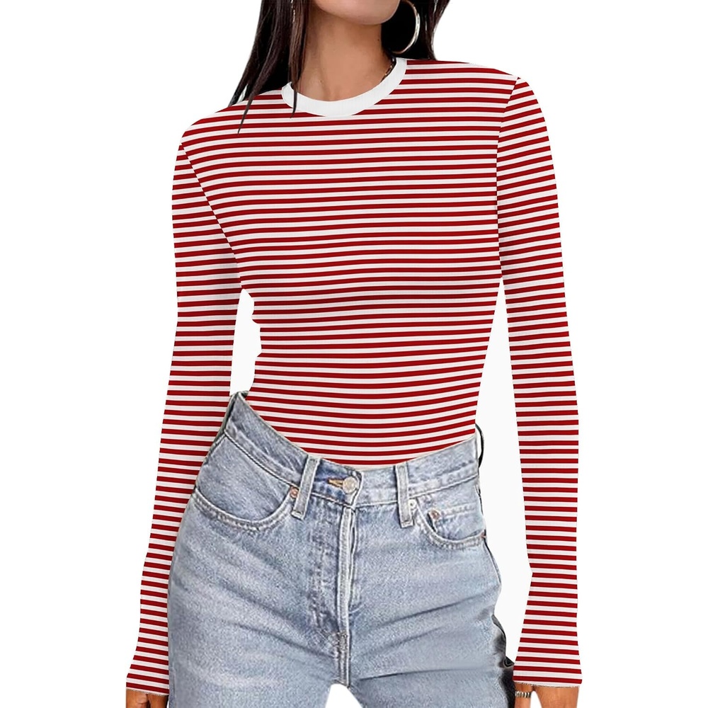 image:imageEkouaer Womens Long Sleeve Shirts Tight Fitted Tops Thermal UnderscrubsRed White Stripe