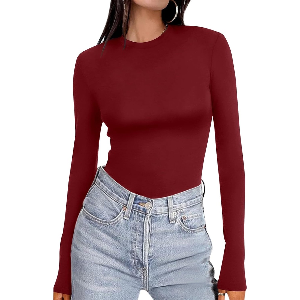 image:imageEkouaer Womens Long Sleeve Shirts Tight Fitted Tops Thermal UnderscrubsWine Red