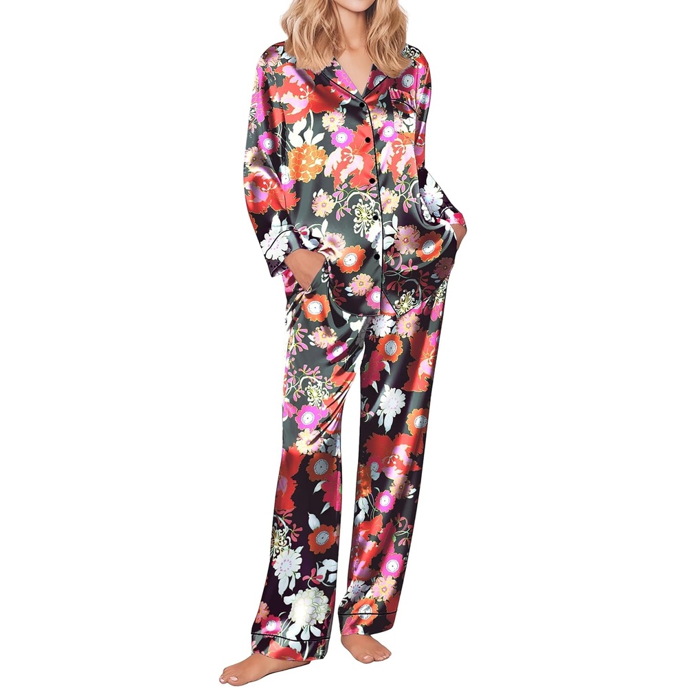 image:imageEkouaer Womens Silk Satin Pajama Set Button Up Long Sleeve Pjs SleepwearBlack With Colorful Floral
