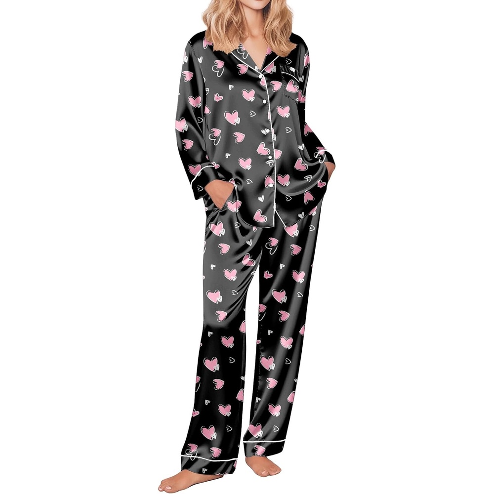 image:imageEkouaer Womens Silk Satin Pajama Set Button Up Long Sleeve Pjs SleepwearBlack With Pink Hearts