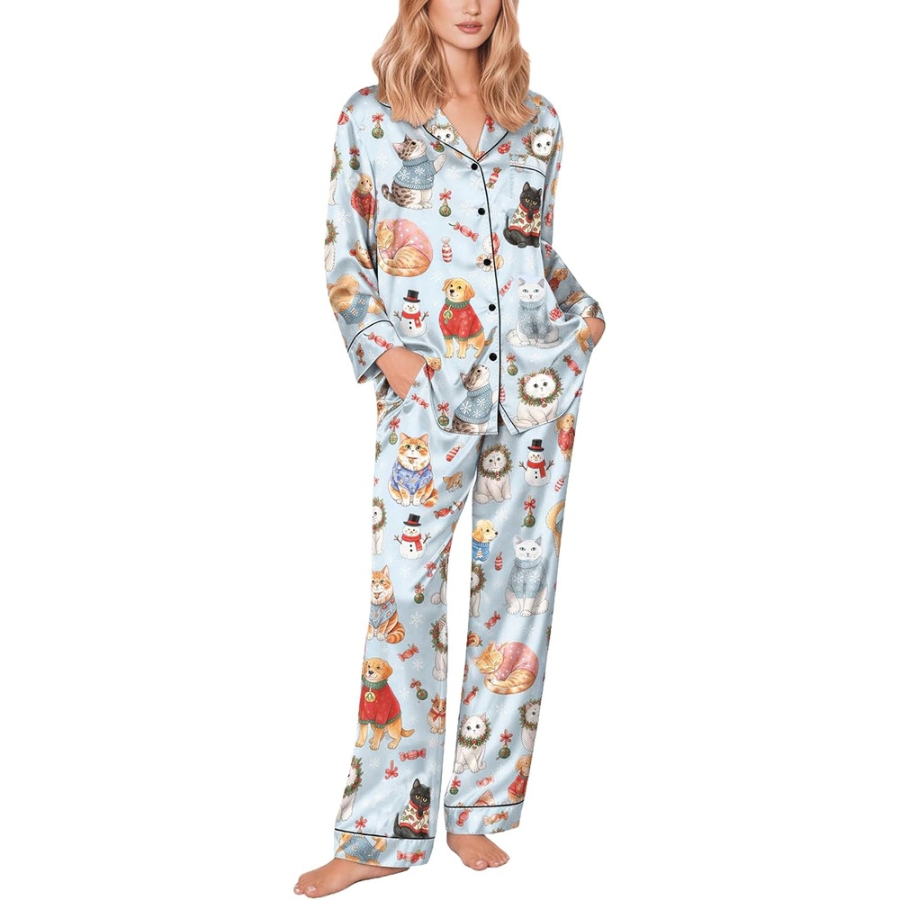 image:imageEkouaer Womens Silk Satin Pajama Set Button Up Long Sleeve Pjs SleepwearBlue Cat Print