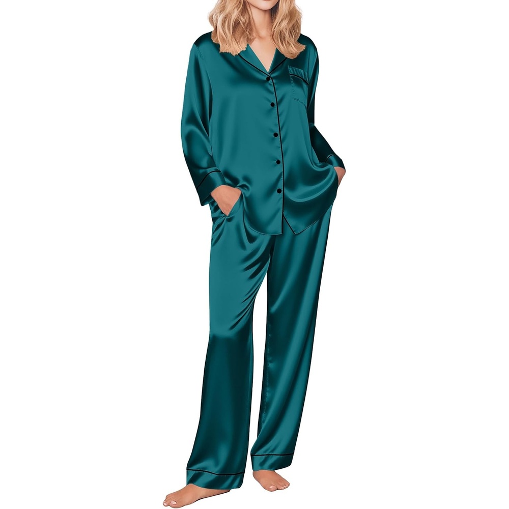 image:imageEkouaer Womens Silk Satin Pajama Set Button Up Long Sleeve Pjs SleepwearBlue Green