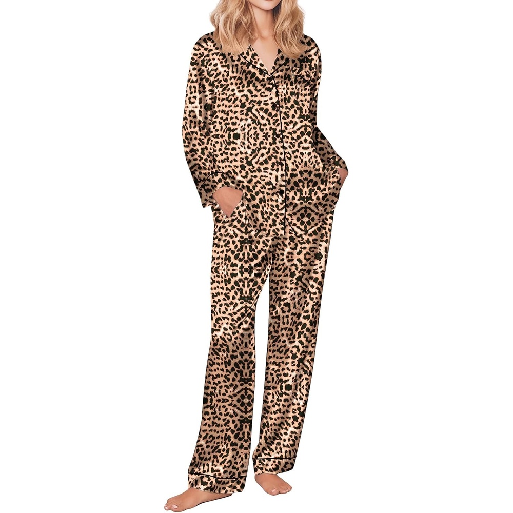 image:imageEkouaer Womens Silk Satin Pajama Set Button Up Long Sleeve Pjs SleepwearBrown Leopard