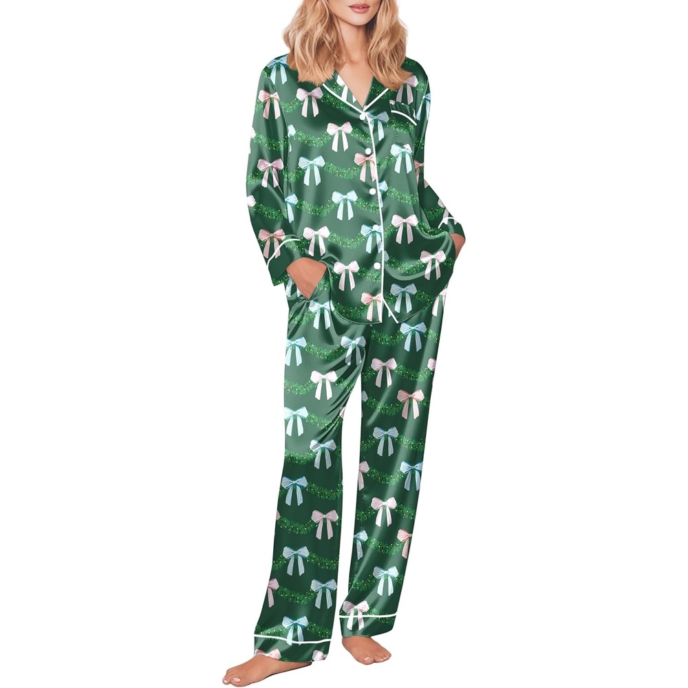 image:imageEkouaer Womens Silk Satin Pajama Set Button Up Long Sleeve Pjs SleepwearChristmas Bow on Green
