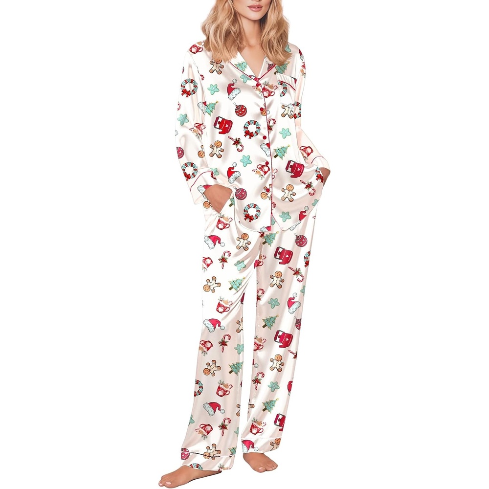 image:imageEkouaer Womens Silk Satin Pajama Set Button Up Long Sleeve Pjs SleepwearChristmas Gingerbread on Apricot