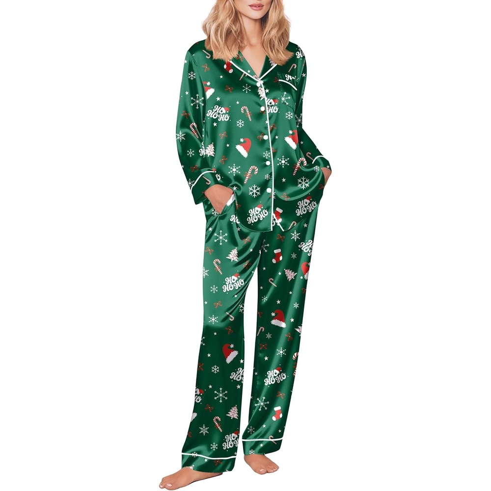 image:imageEkouaer Womens Silk Satin Pajama Set Button Up Long Sleeve Pjs SleepwearChristmas Green Hat