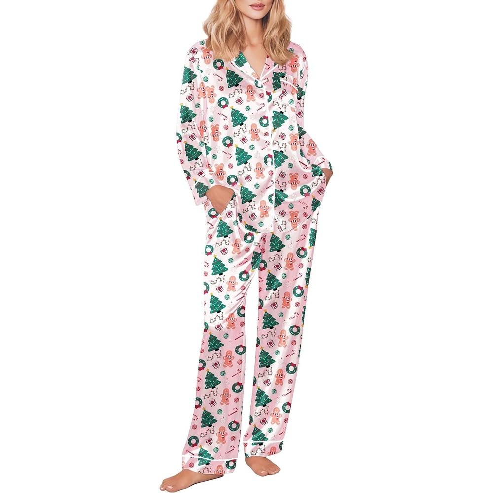 image:imageEkouaer Womens Silk Satin Pajama Set Button Up Long Sleeve Pjs SleepwearChristmas Tree on Pink